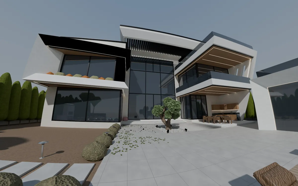 The Medyar villa design, seen from the pool deck in the 360° tour